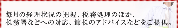 毎月の経理状況の把握、税務処理のほか、税務署などへの対応、節税のアドバイスなどをご提供。