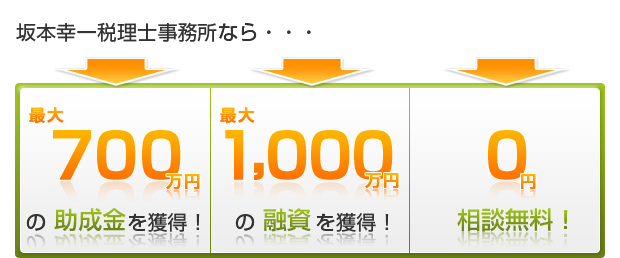 坂本幸一税理士事務所なら「助成金　最大700万円獲得」「融資最大1000万円獲得」「相談無料」