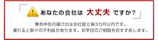 青色申告の届け出は会社設立後3カ月以内です。遅れると数々の不利益があります。お早目のご相談をおすすめします。